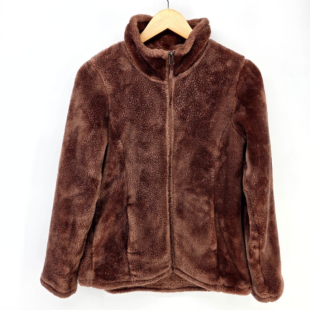 32 Degrees Heat Fleece Jacket Womens S Brown Faux Fur Full Zip Mock Neck Soft